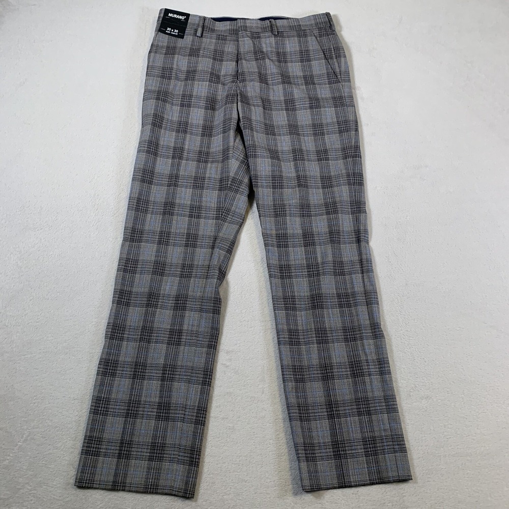 Murano Men's Dress‎ Pants Alex 30x30 Slim Fit Gray Plaid Check Formal NEW NWT